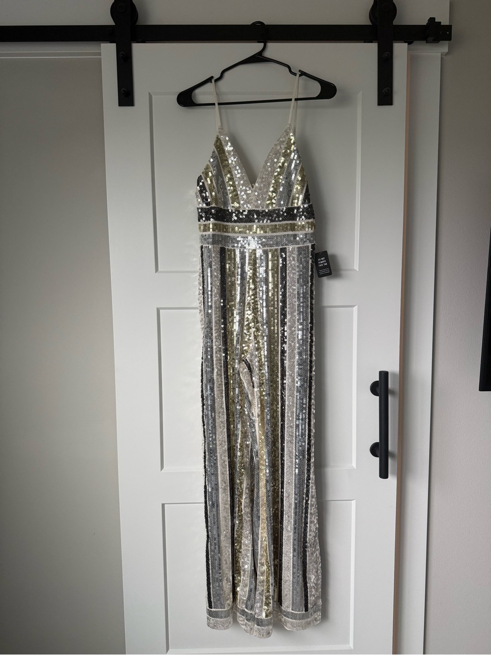 Express Sequined Striped V-Neck Jumpsuit in Silver and Gold new with tags